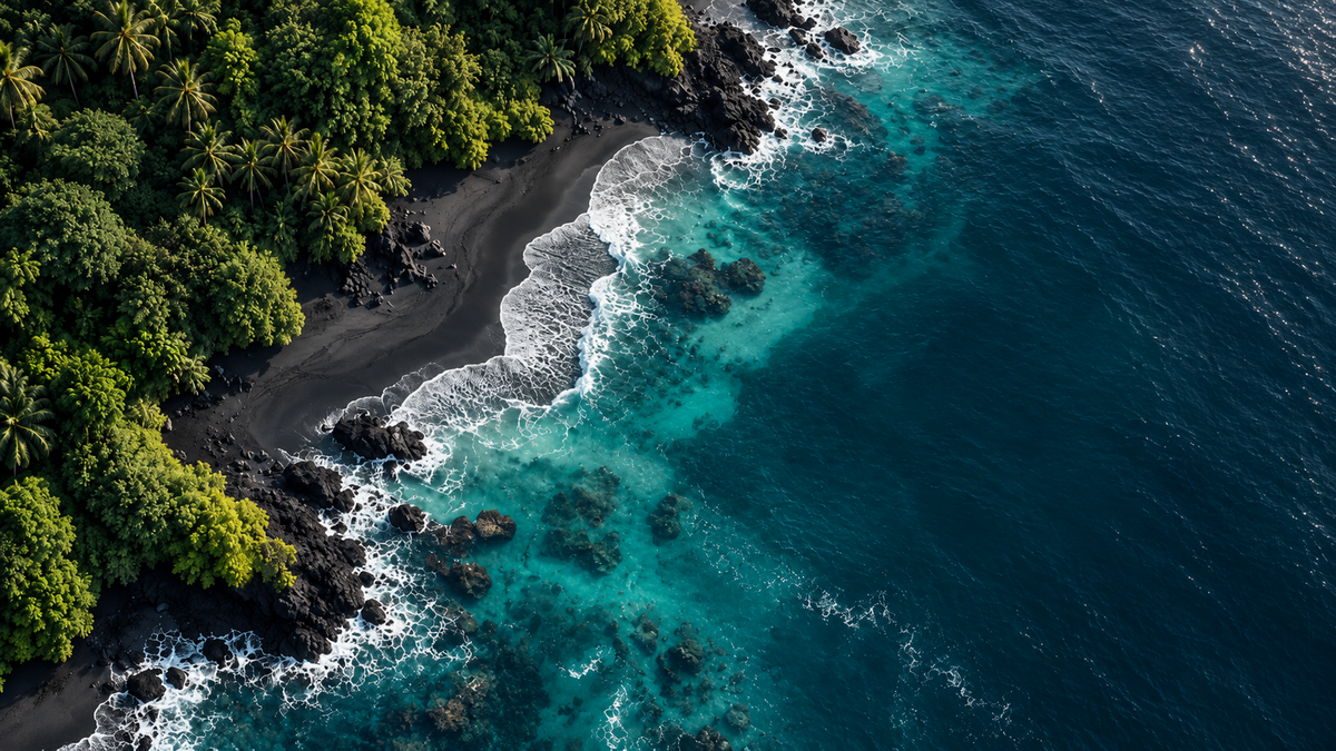 Aerial view of a black-sand shoreline where tropical forest meets clear Atlantic water
