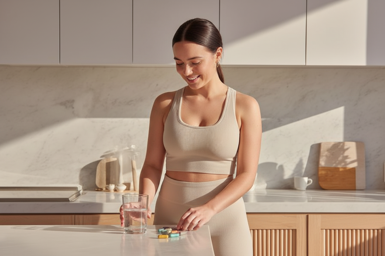 Ali Smiling standing in a premium kitchen taking her Aevra Seamoss Supplements