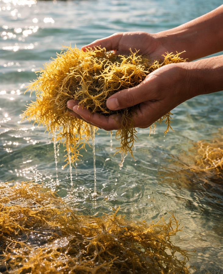 Hand holding a bundle of seaweed with water in the background