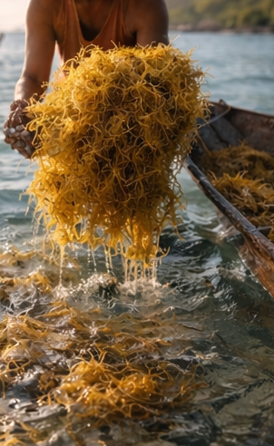 Person holding a large bundle of seaweed by a body of water