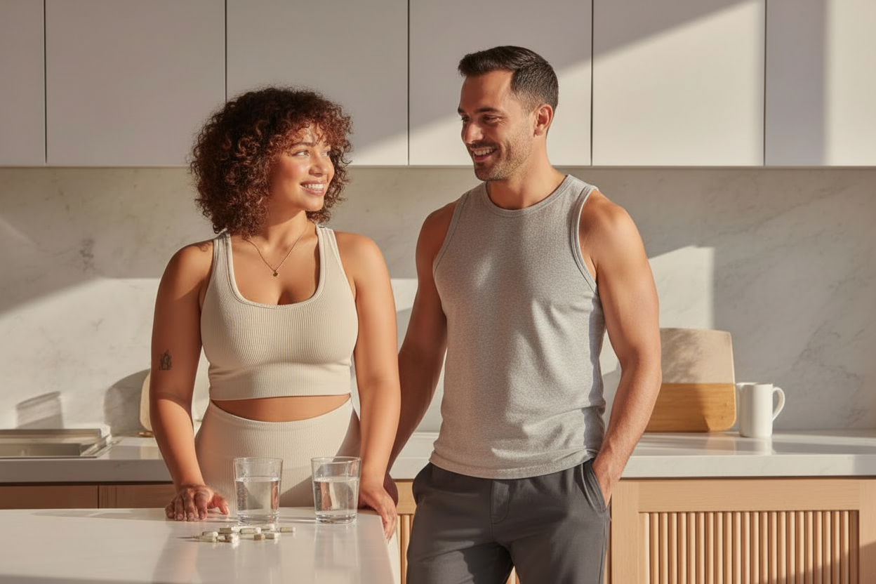 Rebecca & John Smiling standing in a premium kitchen taking her Aevra Seamoss Supplements