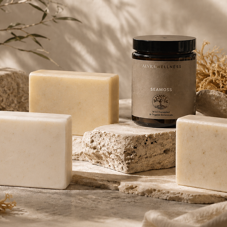 A jar of AEVRA Wellness Sea moss soap bars arranged on rustic stone blocks with sea moss branches in the background. The product features three rectangular bars of soap in off-white and cream tones next to the amber glass jar with a black lid and a taupe label.